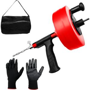 Drain Snake 50 FT, Auger Drain Snake Hair Drain Clog Remover, Plumbing Snake with Drill Attachment, Plumbing Snake for Toilet, Sink and Shower, Manual or Powered Use, w/Gloves and Storage Bag