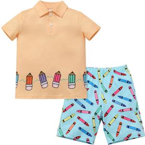 ODASDO Boys Back to School Outfit Pencil Printed Short Sleeve T-shirt Tops and Shorts Set Kids Preschool Kindergarten Clothes (Yellow Blue)