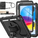 SEYMAC Stock Case for iPad (A16) 11th/10th Generation 11''/10.9'' 2025/2022, Full-Body Drop Protection Case with Screen Protector &360 Rotate Hand Strap/Stand, Black