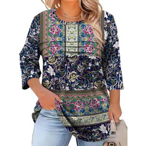 LOMON Plus Size Women Blouses 3/4 Length Sleeve Tops Crewneck Pleated Casual Tees Shirts 1X-5X (XXXL)