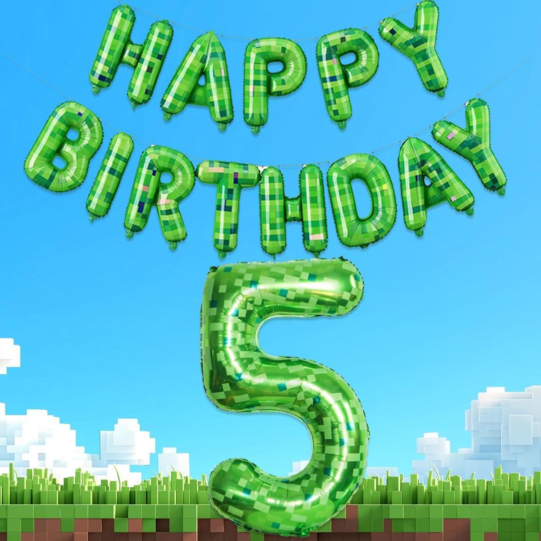 Green Pixel Style Happy Birthday Banner and 40 Inch Number 5 Foil Balloon Set for Boys Birthday Party, Video Game Theme Birthday Decorations, Gamer Pixelated Party Supplies