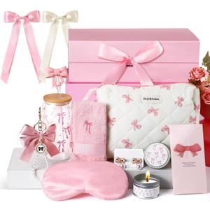 Skylety Pink Bow Gift Baskets for Teen Girls, Women Valentines Galentine's Gifts Trendy Stuff Coquette Teen Girl Birthday Box Gift for Her, Sister Friend Women Sweet 16th 18th 21st Box Set