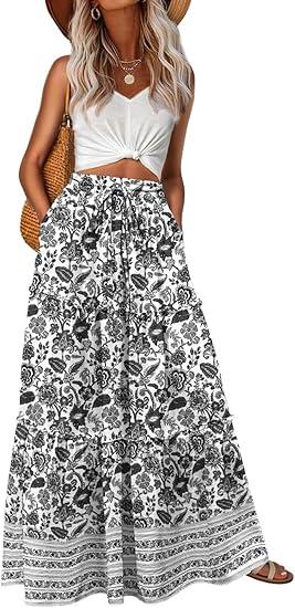 Lepunuo Womens Casual Boho High Waisted Flowy Maxi Skirts Trendy Floral Cute Long Skirts with Pockets, Small,  Floral Porcelain Black 