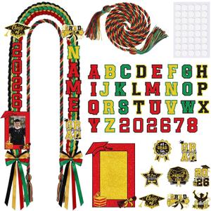 Hamdwerk African Kente Graduation Leis Stole Sash 2026, 69Pcs Black Women Girl Graduation Ribbon Leis Making Kits with Photo Frame Honor Cord, DIY Braided Necklace Decorations Congrats Grad Gifts