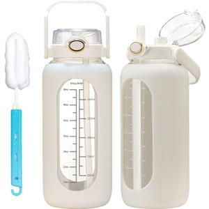 chunmo 64oz Glass Water Bolttles with Straw Half Gallon Large Motivational Water Bottle with Time Marker Sports Water Bottles with Silicone Sleeve and Handle Lid Water Jug for Gym Workout (White)