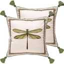Design Square Vintage Cottage Throw Pillow Covers 18"x18" Set of 2, Green Velvet Cushion Cover with Dragonfly Flowers Border Pattern Decor Pillowcases for Bed, Living  Room, Outdoor, Car