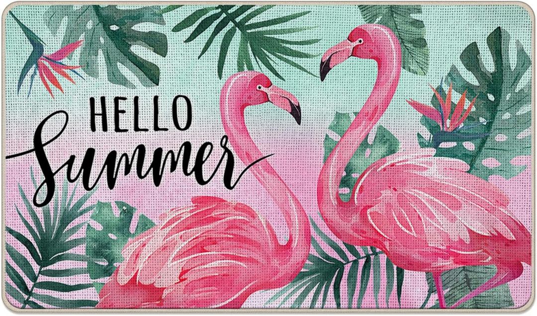 Hello Summer Flamingo Decorative Front Door Mat, Palm Leaves Tropical Plant Doormat Indoor Outdoor Non-Slip Floor Entryway Rug, Monstera Hawaii Seasonal Home Kitchen Decoration 17x29 Inch