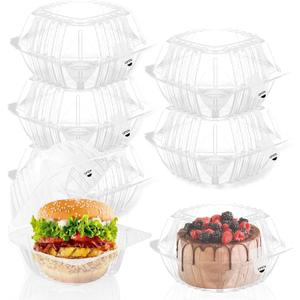 100 Pack Clear Clamshell Food Containers, Disposable Food Containers with Lids, 6 x 6 Inch Hinged Plastic To Go Containers for Dessert, Cake, Salad, Bakery Supplies - With sealing sticker