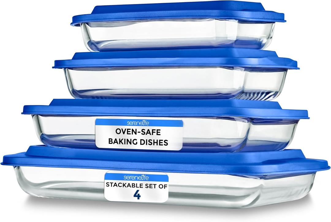 SereneLife 8-Piece Glass Baking Dish with Lids Set - ( 4 Heavy Duty Rectangular Glass Baking Pan with 4 BPA-Free Lids ), Oven-Safe Bakeware for Lasagna, Meats, Desserts - Dishwasher Safe, Blue