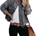 LONGBIDA Women's Jean Jacket Frayed Washed Button Up Cropped Denim Jacket With Pockets XL