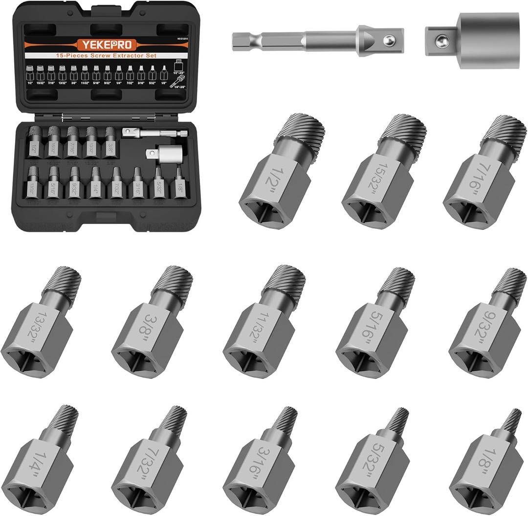 15-Piece Screw Extractor Set, 3/8" Inch Drive Multi-Spline Easy Out Bolt Extractor Kit, Hex Head Stripped Screw Remover Tool for Removing Broken, Rusted, and Stripped Bolts and Screws
