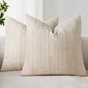 Woaboy Linen Check Throw Pillow Covers Set of 2 - Natural Beige Farmhouse Modern Boho Vintage Decorative Cushion Covers for Sofa Couch Bedroom Living Room Decor 18x18 Inch