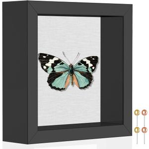 Califortree 5x5 Small Shadow Box Picture Frame with Soft Linen Back - Push Pins Included, Memory Shadow Box Display Case, Black
