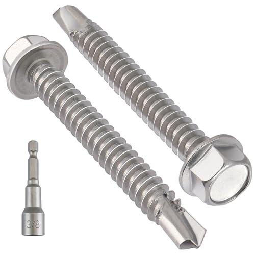 VGBUY 38Pcs #14 x 2 Self Drilling Screws for Metal,410 Stainless Steel Self Tapping Screws,Sheet Metal Screws,Quick Metal Tapping,Hex Washer Head