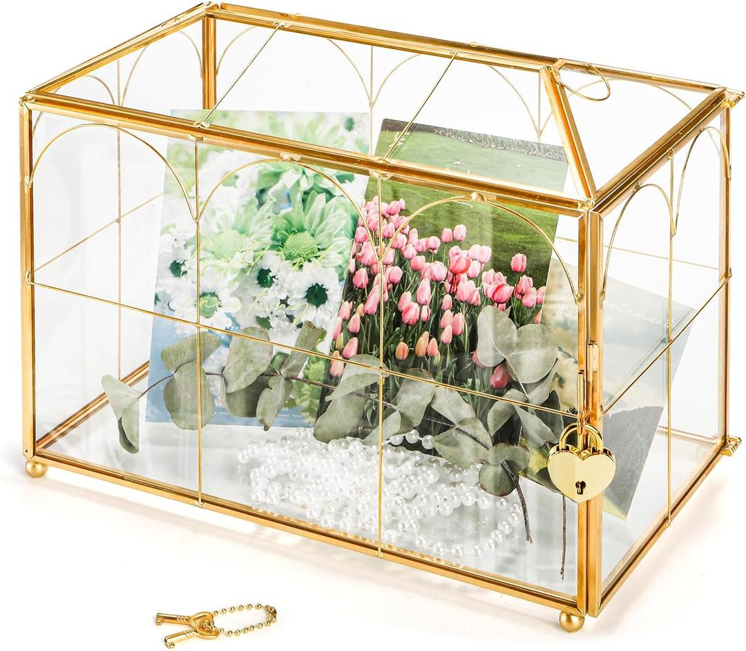 Okllen Glass Card Box with Slot, Large Gold Clear Card Box for Wedding Receptions, Decorative Storage Box with Lock for Baby Shower, Birthday Party, Bridal Shower