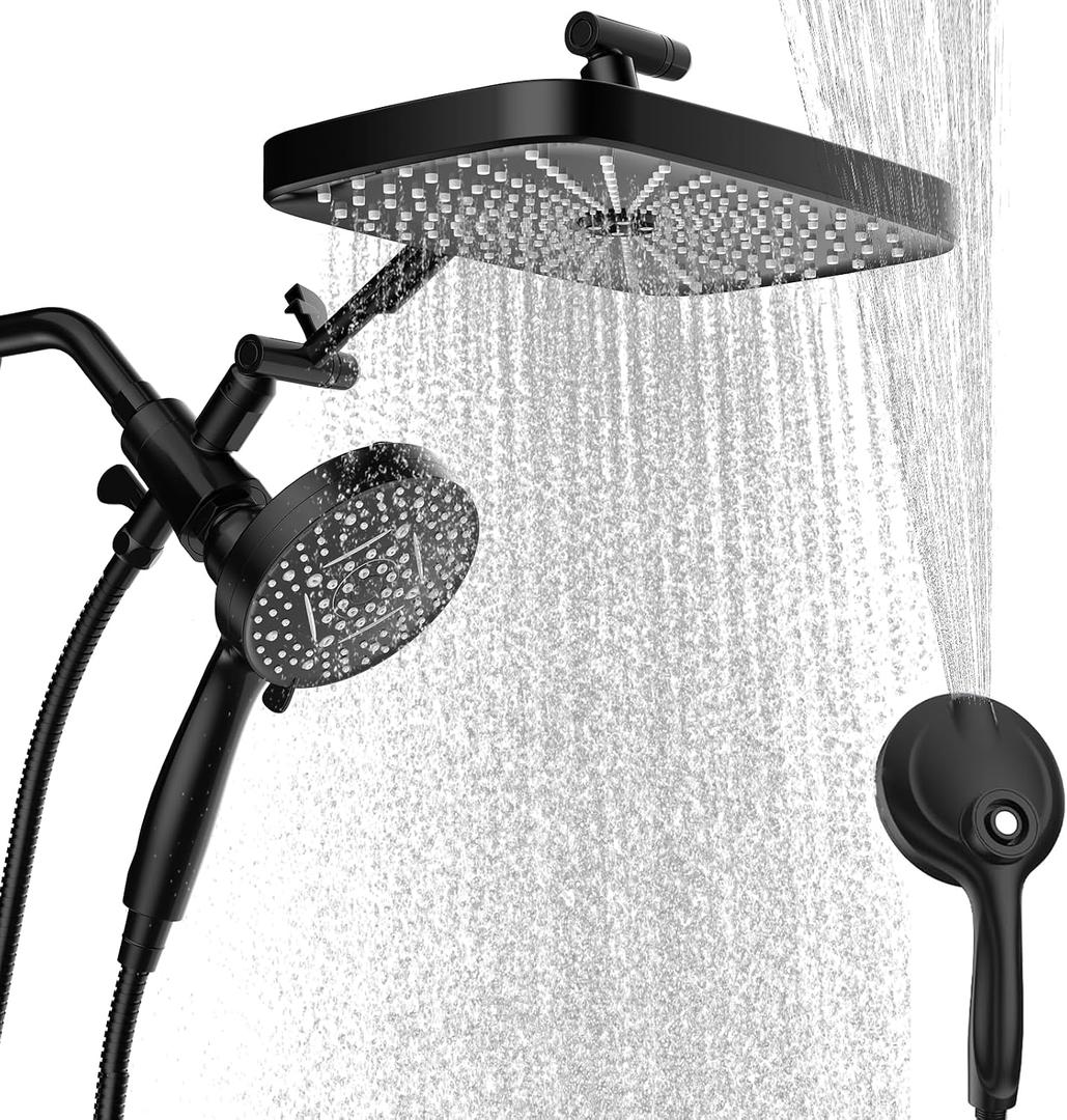 High Pressure Shower Head with Handheld, Upgrade Rain Shower Heads with Fixed Showerhead Combo, 10 Sprays Handheld Shower Head Built in Power Jets, 71" Long Hose, Matt Black