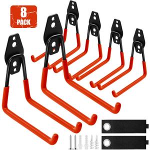 5.1 inch Garage Organization Hooks, 6 Pack Wall Mount Holders with 2 Extension Cord Straps, Large Hooks Anti-Slip Coated, Heavy Duty Storage Utility Hangers for Bike, Ladder, Power and Garden Tools