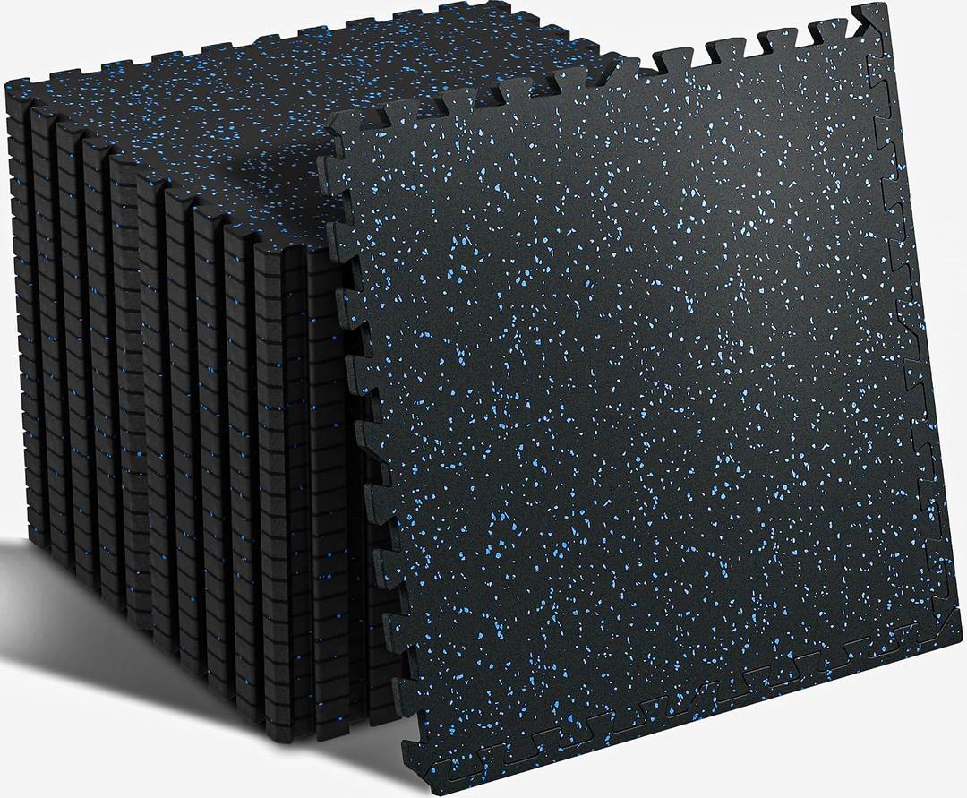SUPERJARE 0.56'' Thick 12 Pcs 48 Sq Ft Rubber Top Exercise Equipment Mats, High Density EVA Foam Mats with Rubber Top, Interlocking Gym Flooring for Home Gym, Protective Workout Mat, Black/Blue