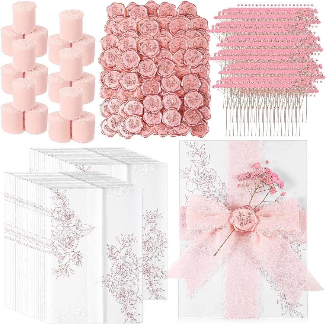 Fullhawl 100 Sets Wedding Invitations Wraps Set Pre Folded Vellum Jackets for 5 x 7 Invitations Dried Flowers Wax Seal Stickers Chiffon Silk Ribbon for Wedding Birthday Bridal Shower Craft DIY (Pink)