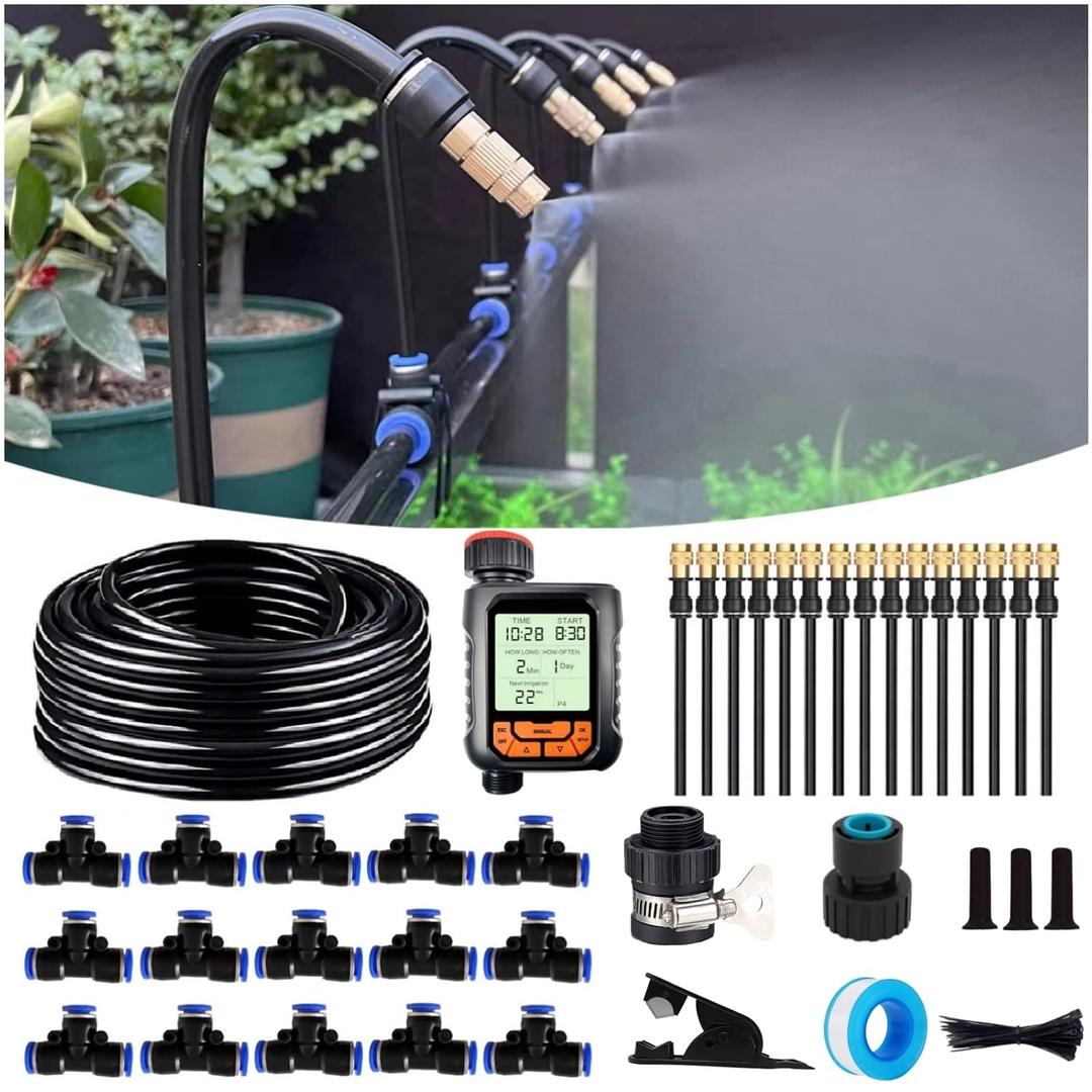 66FT Drip Irrigation Kit, Automatic Garden Watering System with Tool-Free Quick Connectors, 360° Bending Droppers & Copper Misting Nozzles for Greenhouse, Patio, Lawn & Vegetable Garden. (20M)