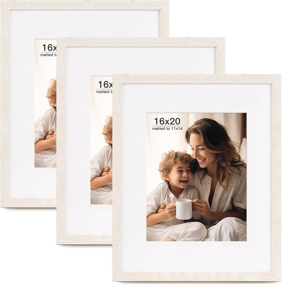 FinalFind 16x20 Picture Frame with Mat for 11x14 Set of 3, Distressed White Wood Grain 16x20 Frames for Horizontal & Vertical Wall Mounting (3 Pack,White)