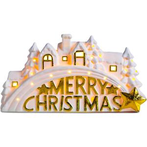 Bdor Lighted Ceramic Christmas Village Decor  11" White LED House Scene with Golden Merry Christmas Sign  Battery Operated Holiday Tabletop Decoration for Mantel, Shelf, or Window