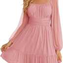 Wenrine Women's Mesh Long Sleeve Square Neck Dress High Waist A Line Ruffle Hem Flowy Casual Party Mini Dress (Pink) XL