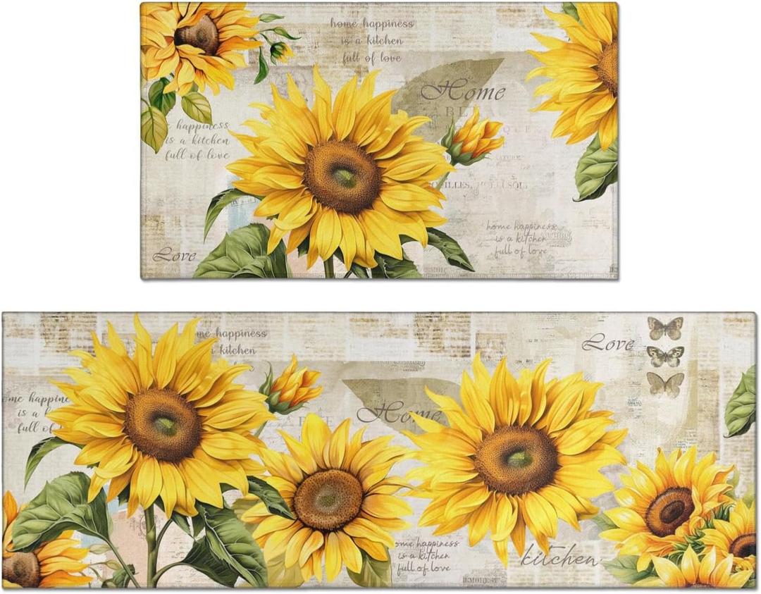 2 Piece Sunflower Kitchen Decor Rugs Set, Farmhouse Country Kitchen Rugs and Mats Non Skid Washable Absorbent Microfiber Kitchen Mats for Floor Mats Accessories Decoration 17"x47"+17"x30" (Yellow)