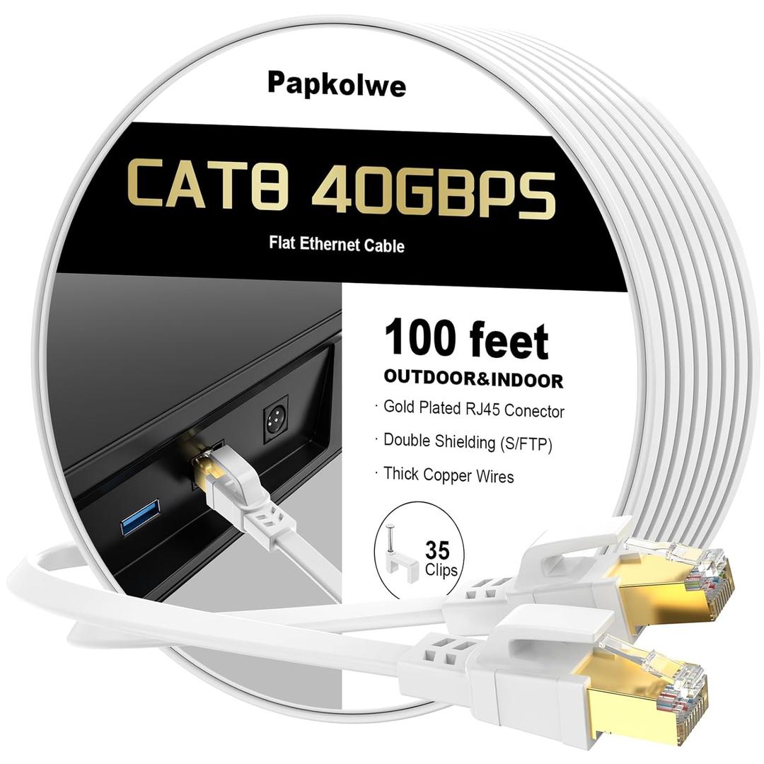 Cat 8 Ethernet Cable 100 ft, Heavy Duty High Speed Cat8 LAN Network Cable, 40Gbps 2000MHz RJ45 Flat Internet Computer Patch Cord, Weatherproof S/FTP UV Resistant for Gaming/Router/Modem,Outdoor&Indoor