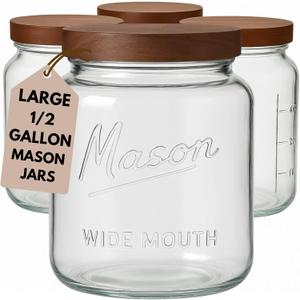 Kitchentoolz Half Gallon Glass Mason Jars with Airtight Push to Close Wooden Lids - Food Storage & Canning Jars with Measurement Markings - Pantry Containers for Flour, Sugar & Dry Goods - 64 oz (4pk)