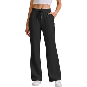 JEKAOYI Womens High Waisted Flared Sweatpants Drawstring Casual Lounge Lightweight Wide Leg Pants with Pockets (Medium, Black)