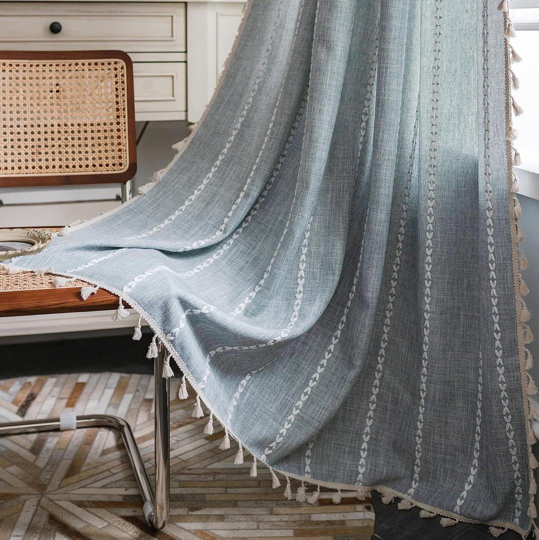 Curtains for Bedroom Living Room Kitchen, Semi Blackout Linen Farmhouse Shabby Chic Tassels Window Treatment Bohemian Embroidery Drape, Rod Pocket 1 Panel 52" W x 90" L, Greyish Blue