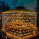 32.8 * 6.56FT Large Size Solar Curtain Lights Outdoor, 8 Modes Outdoor Curtain String Light, Solar Garden Christmas Lights Decortions for Patio, Gazebo, Eaves, Fence, Tree, Porch (Warm White)