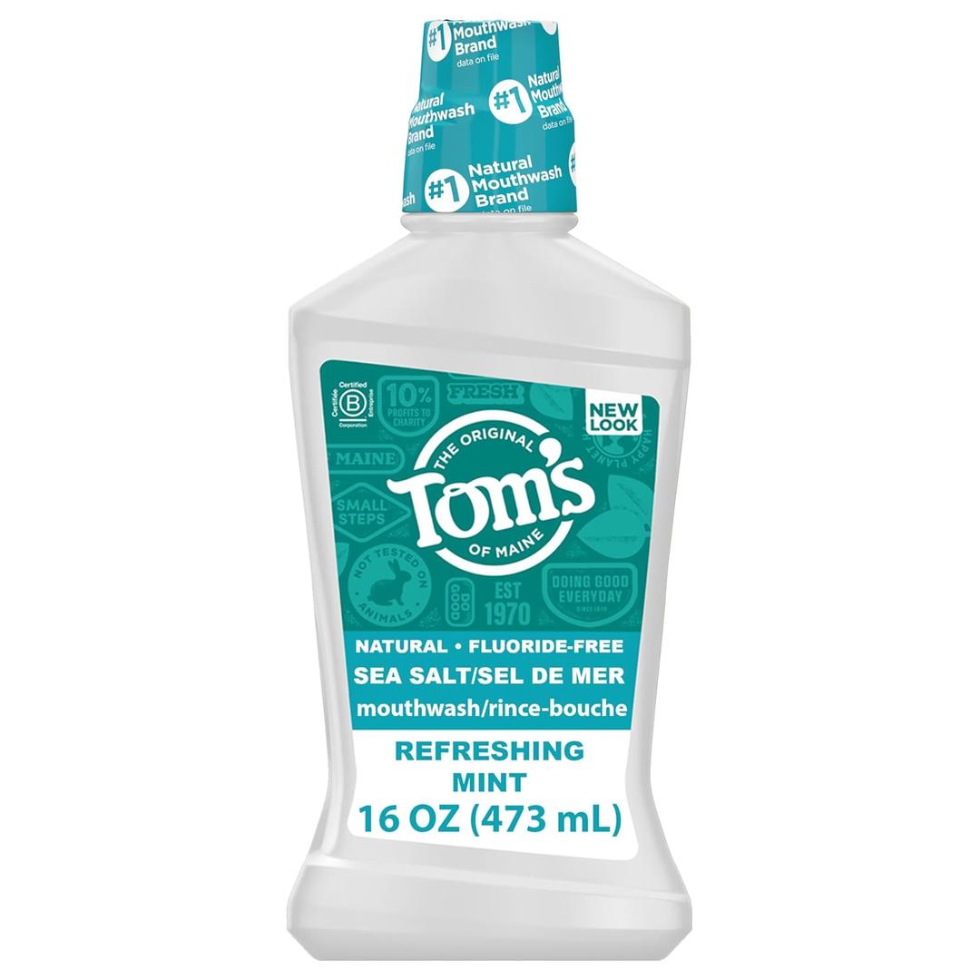 Tom's of Maine Sea Salt Natural Alcohol-Free Mouthwash, Refreshing Mint, 16 Fl Oz, Pack of 3