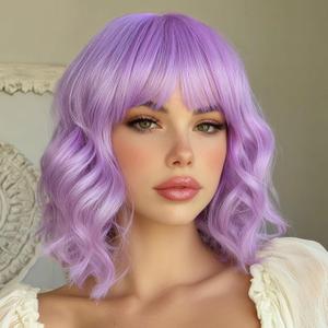 Purple Wig with Bangs Short Purple Bob Wigs for Women 14 Inch Lavender Purple Wavy Curly Wigs Short Bob Synthetic Wigs Shoulder Length Colorful Cosplay Wig for Girl Halloween Party Costume Daily