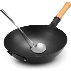 WANGYUANJI Iron Wok, 14.17 inch Traditional Round-Bottom Wok, Chefs Professional Stir-Fry Pan with Wooden Handle, Chemical-Free Iron Wok for Gas Stoves and Round-Bottom Induction Stovetop