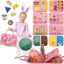 Toddler Busy Board Montessori Toys, Sensory Board Busy Book, Busy Board for Toddlers 2-4, Preschool Learning Activities with Life, Unicorns Pink, 8 Pages and 2 Pages Sensory Mats