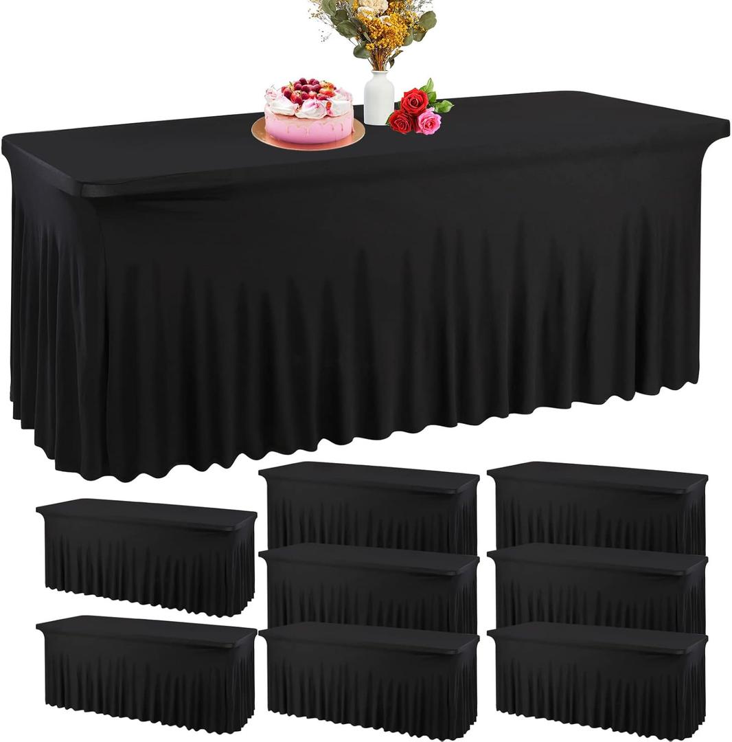 8 Pieces Spandex Table Skirts for Rectangle Tables 6ft Fitted Table Cloth with Skirt Wrinkle Resistant Table Cover Stretch Ruffles Tablecloth for Wedding Christmas Party(Black, 72 x 30 x 29 inch)