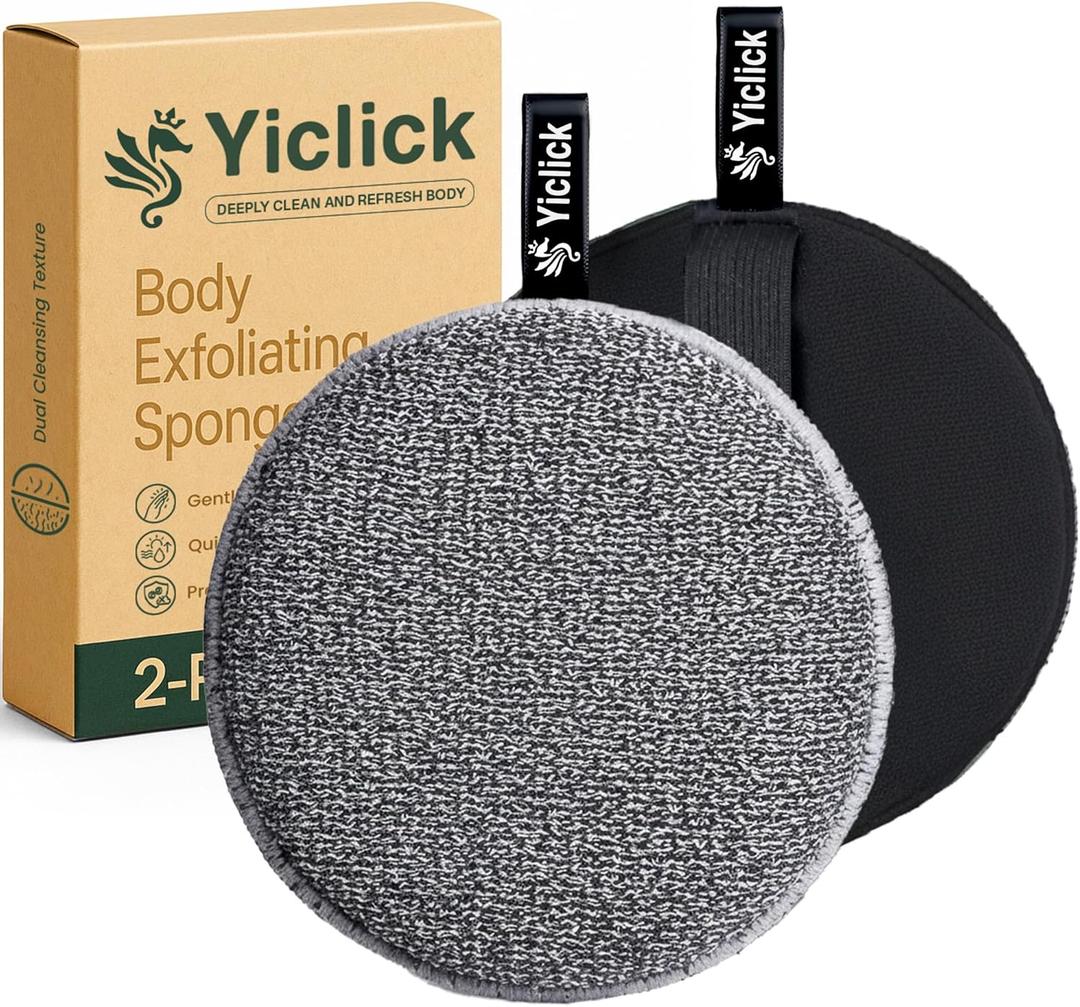 Yiclick Exfoliating Body Scrubber (2 Pack), Body Exfoliator Scrubber, Exfoliating Sponge for Shower Bath, Shower Loofah Luffa Lufa with Handle, Dead Skin Exfoliator for Body Scrub, Men Women (Black)