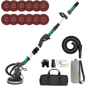 Electric Drywall Sander with Vacuum Dust Collector, IMQUALI 9.5Amp Popcorn Ceiling Removal Tool with Variable Speed 600-2600RPM, Extendable Handle, LED Light, 12pcs Sanding Discs, Green