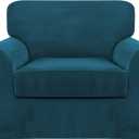 FantasDecor 2 Piece Chair Sofa Covers Velvet for Living Room Slipcovers with Individual Cushion Elastic Furniture Protector for Pets, Machine Washable (Armchair, Deep Teal)