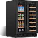 24 Inch Wine and Beverage Refrigerator Under Counter, Dual Zone Black Beverage Fridge with Glass Door&Lock,20 Bottles & 88 Cans Wine and Beverage Cooler, Freestanding Mini Fridge for Bedroom Home