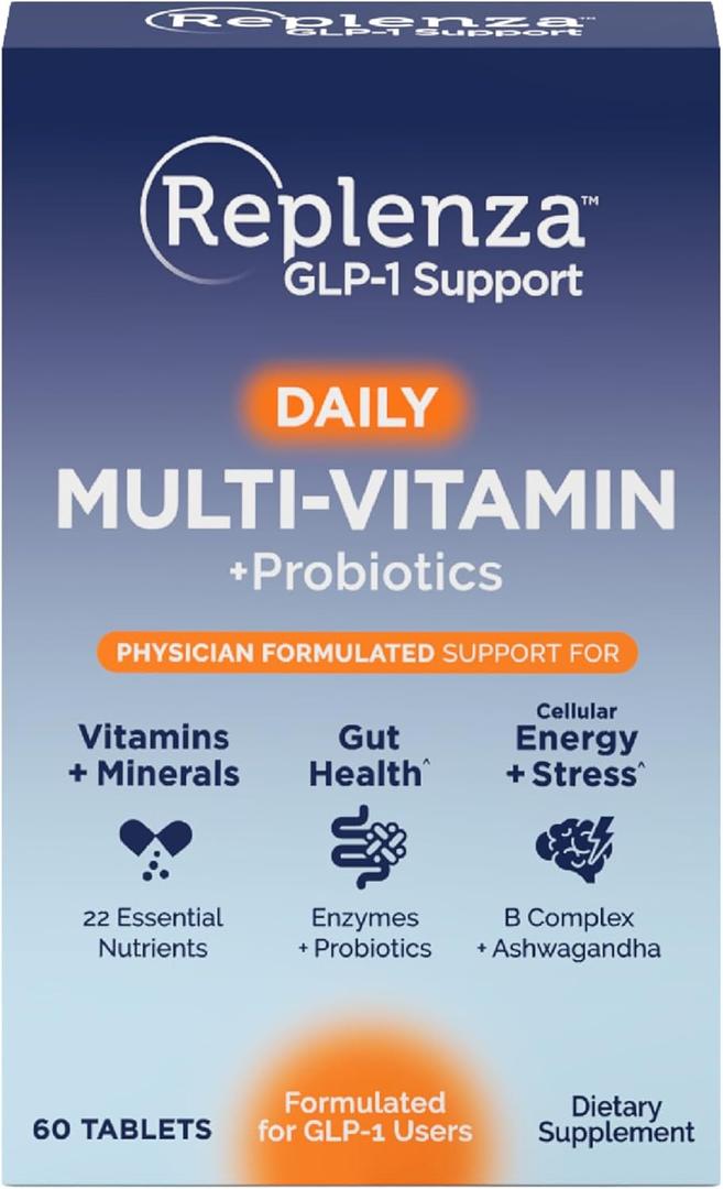 Replenza Daily GLP-1 Nutritional Support Supplement, Essential Vitamins and Minerals, Support for Gut Health, Stress and Cellular Energy 60 Tablets (EXP 06/30/28)