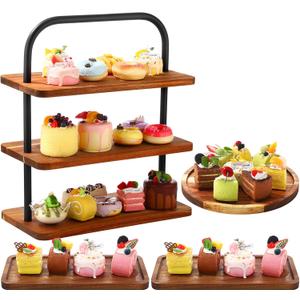 4 Pack Acacia Wood Cake Stand Set 3 Tier Wooden Cupcake Stand Round Cake Trays Rectangular Dessert Display Plate Charcuterie Board Wooden Coasters for Baby Shower Wedding Snack Tea Party
