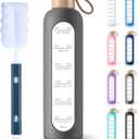 PROBTTL 32 Oz Borosilicate Glass Water Bottle with Time Marker Reminder Quotes, 1 Liter Leak Proof Reusable BPA Free Motivational Water Bottles with Silicone Sleeve and Bamboo Lid (Grey)