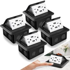 Hoolerry 4 Pack Pop up Floor Electrical Outlet Cover Box Kit with 4.8A USB Charger 20Amp Waterproof Weatherproof Floor Tamper Resistant Outlet Receptacle for Countertop Home (Black)