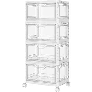 SNSLXH Portable Clear Storage Bins with Lid & Wheels, 24QT Clear Storage Bins with Lid, 4-Tier Plastic Bins with Wheels, Stackable, Magnetic Doors, for Bedroom, Living Room, Office