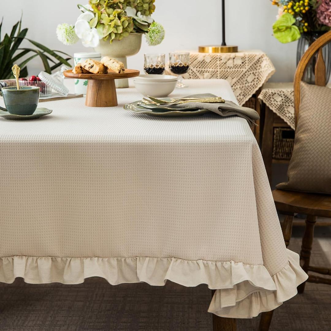 GLORY SEASON Waffle Weave Textured Rectangle/Oblong Tablecloth with Cotton Retro Ruffle Trim Solid Table Cover for Buffet Banquet Parties Event Holiday Kitchen Dining Farmhouse Decor Beige 55x84 in