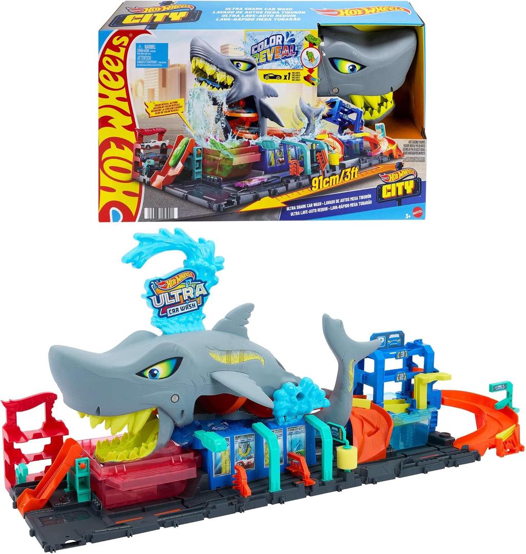 Hot Wheels City Track Set, Ultra Shark Car Wash with 1:64 Scale Color Reveal Toy Vehicle, Repeat Color-Change Feature, Storage, Large