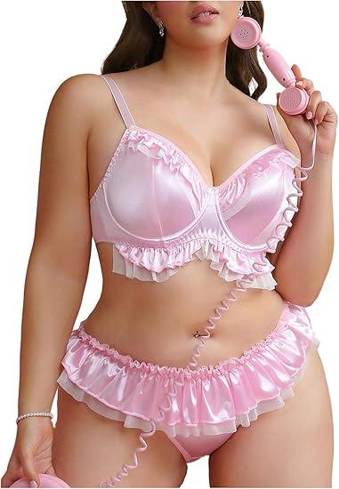 OYOANGLE Women's Plus Size 2 Piece Satin Lingerie Set Ruffle Underwire Bra and Frilly Panties Sets 3xl